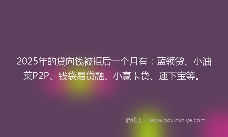 2025年的贷向钱被拒后一个月有：蓝领贷、小油菜P2P、钱袋易贷融、小赢卡贷、速下宝等。