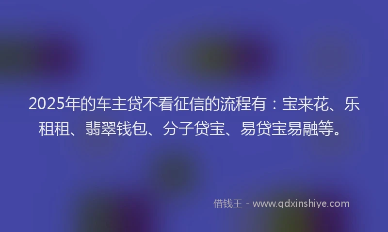 2025年的车主贷不看征信的流程有：宝来花、乐租租、翡翠钱包、分子贷宝、易贷宝易融等。