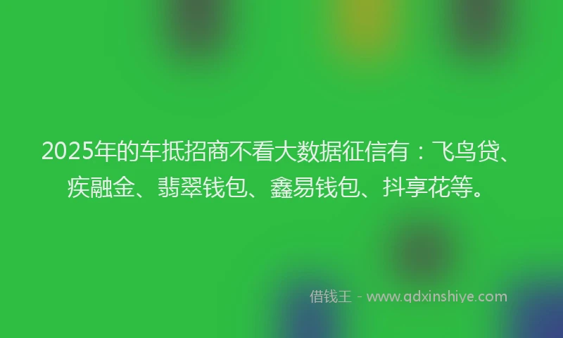 2025年的车抵招商不看大数据征信有：飞鸟贷、疾融金、翡翠钱包、鑫易钱包、抖享花等。