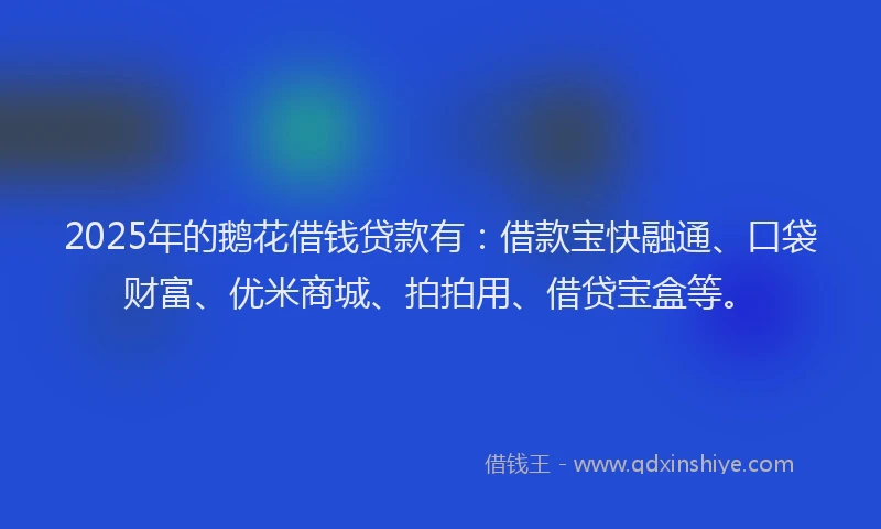 2025年的鹅花借钱贷款有：借款宝快融通、口袋财富、优米商城、拍拍用、借贷宝盒等。