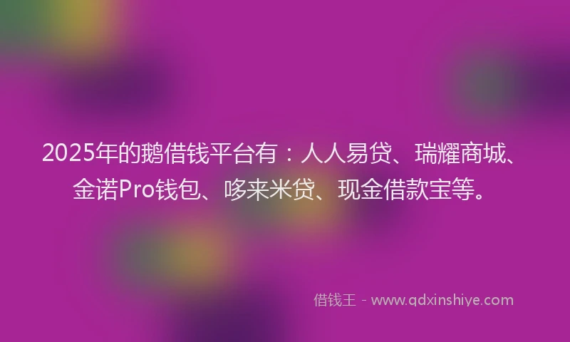 2025年的鹅借钱平台有：人人易贷、瑞耀商城、金诺Pro钱包、哆来米贷、现金借款宝等。