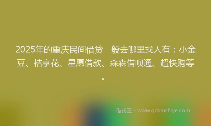 2025年的重庆民间借贷一般去哪里找人有：小金豆、桔享花、星愿借款、森森借呗通、超快购等。