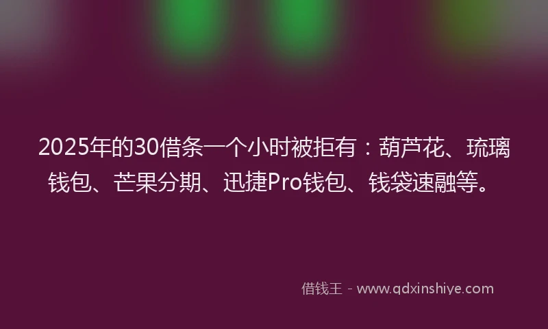 2025年的30借条一个小时被拒有：葫芦花、琉璃钱包、芒果分期、迅捷Pro钱包、钱袋速融等。