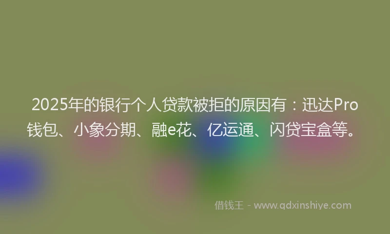 2025年的银行个人贷款被拒的原因有：迅达Pro钱包、小象分期、融e花、亿运通、闪贷宝盒等。