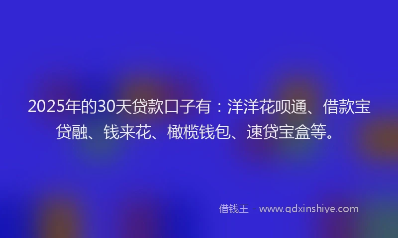 2025年的30天贷款口子有：洋洋花呗通、借款宝贷融、钱来花、橄榄钱包、速贷宝盒等。