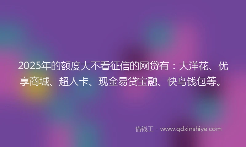 2025年的额度大不看征信的网贷有：大洋花、优享商城、超人卡、现金易贷宝融、快鸟钱包等。