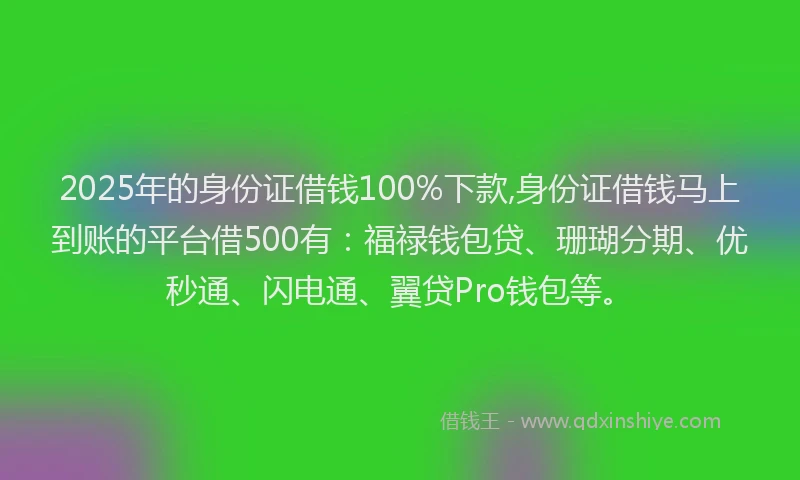 2025年的身份证借钱100%下款,身份证借钱马上到账的平台借500有：福禄钱包贷、珊瑚分期、优秒通、闪电通、翼贷Pro钱包等。