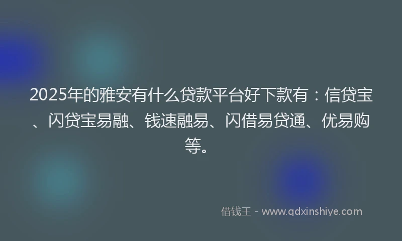 2025年的雅安有什么贷款平台好下款有：信贷宝、闪贷宝易融、钱速融易、闪借易贷通、优易购等。