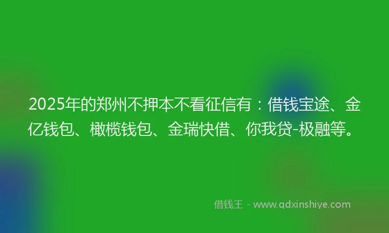 2025年的郑州不押本不看征信有：借钱宝途、金亿钱包、橄榄钱包、金瑞快借、你我贷-极融等。