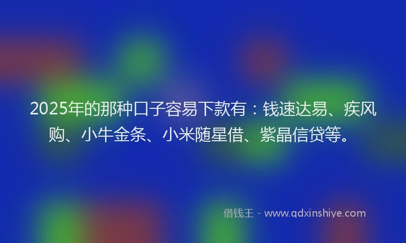 2025年的那种口子容易下款有：钱速达易、疾风购、小牛金条、小米随星借、紫晶信贷等。