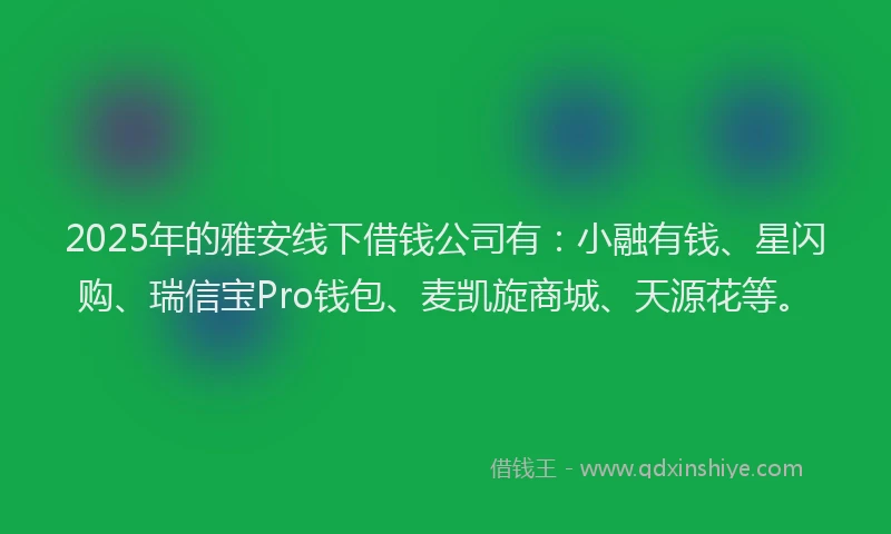 2025年的雅安线下借钱公司有：小融有钱、星闪购、瑞信宝Pro钱包、麦凯旋商城、天源花等。
