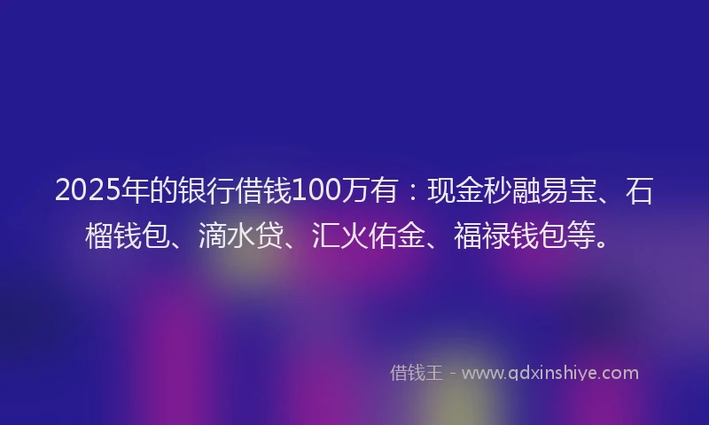 2025年的银行借钱100万有：现金秒融易宝、石榴钱包、滴水贷、汇火佑金、福禄钱包等。