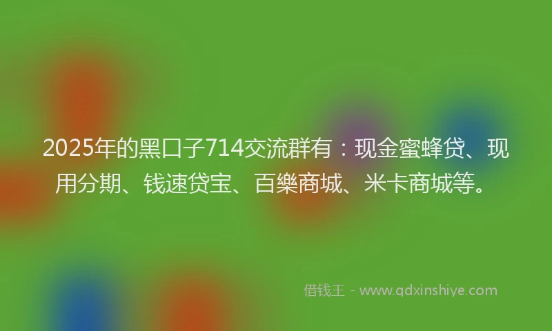 2025年的黑口子714交流群有：现金蜜蜂贷、现用分期、钱速贷宝、百樂商城、米卡商城等。
