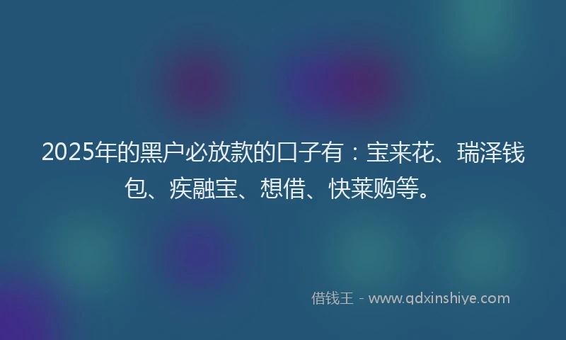 2025年的黑户必放款的口子有：宝来花、瑞泽钱包、疾融宝、想借、快莱购等。