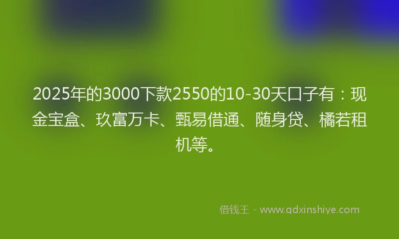 2025年的3000下款2550的10-30天口子有：现金宝盒、玖富万卡、甄易借通、随身贷、橘若租机等。
