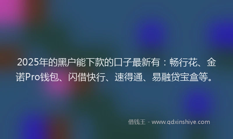 2025年的黑户能下款的口子最新有：畅行花、金诺Pro钱包、闪借快行、速得通、易融贷宝盒等。