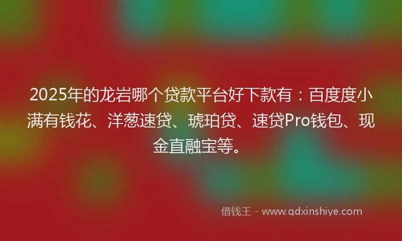 2025年的龙岩哪个贷款平台好下款有：百度度小满有钱花、洋葱速贷、琥珀贷、速贷Pro钱包、现金直融宝等。