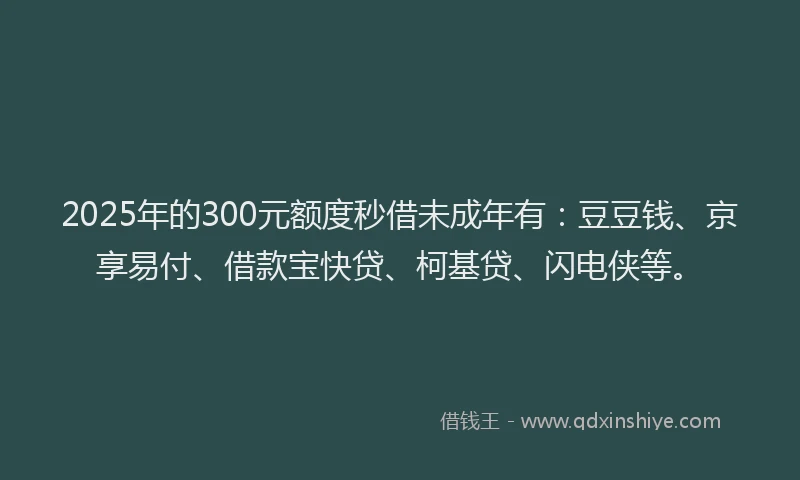 2025年的300元额度秒借未成年有：豆豆钱、京享易付、借款宝快贷、柯基贷、闪电侠等。