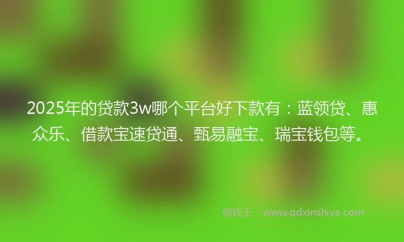 2025年的贷款3w哪个平台好下款有：蓝领贷、惠众乐、借款宝速贷通、甄易融宝、瑞宝钱包等。