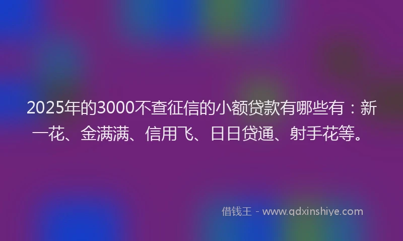 2025年的3000不查征信的小额贷款有哪些有：新一花、金满满、信用飞、日日贷通、射手花等。