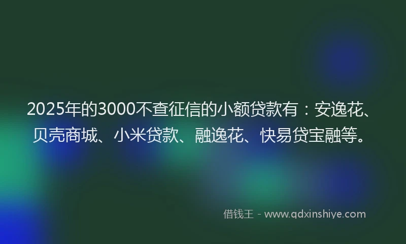 2025年的3000不查征信的小额贷款有：安逸花、贝壳商城、小米贷款、融逸花、快易贷宝融等。
