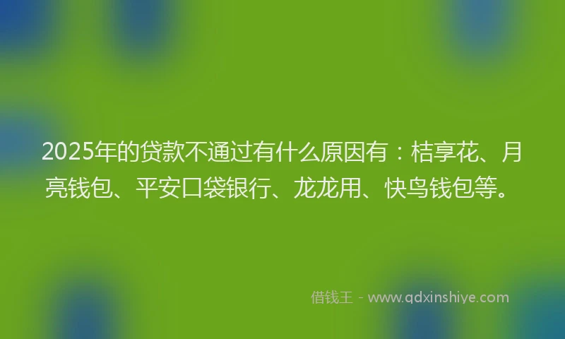 2025年的贷款不通过有什么原因有：桔享花、月亮钱包、平安口袋银行、龙龙用、快鸟钱包等。