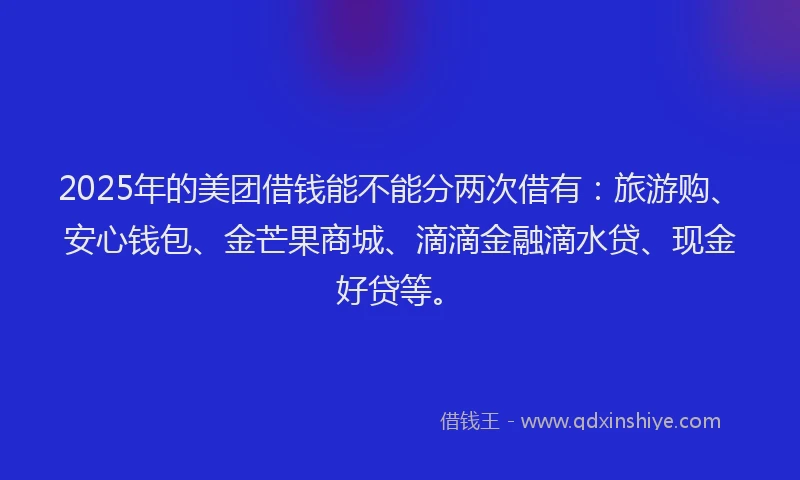 2025年的美团借钱能不能分两次借有：旅游购、安心钱包、金芒果商城、滴滴金融滴水贷、现金好贷等。