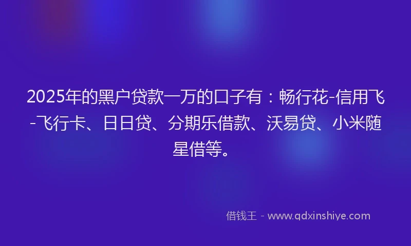 2025年的黑户贷款一万的口子有：畅行花-信用飞-飞行卡、日日贷、分期乐借款、沃易贷、小米随星借等。