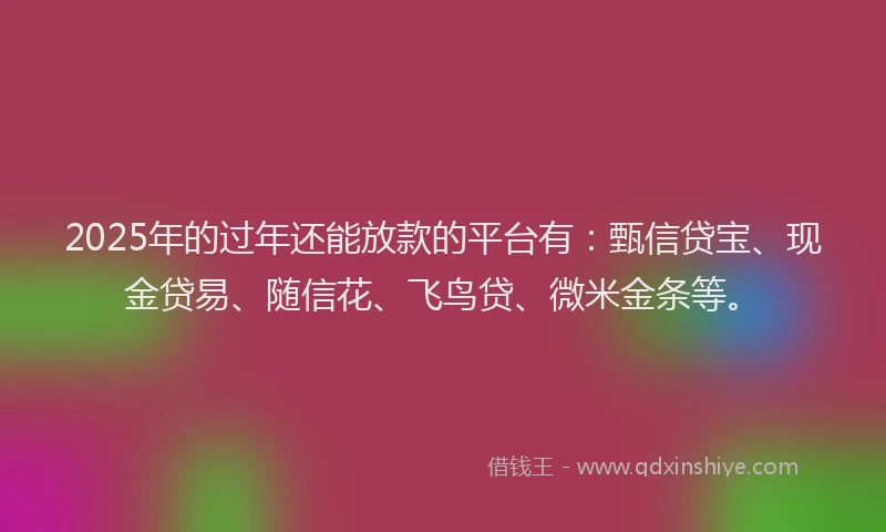 2025年的过年还能放款的平台有：甄信贷宝、现金贷易、随信花、飞鸟贷、微米金条等。