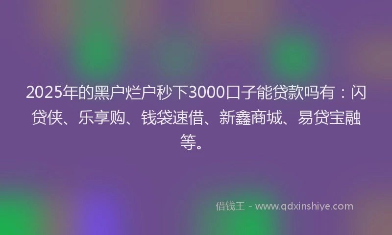 2025年的黑户烂户秒下3000口子能贷款吗有：闪贷侠、乐享购、钱袋速借、新鑫商城、易贷宝融等。