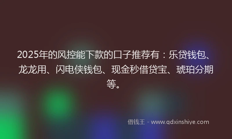 2025年的风控能下款的口子推荐有：乐贷钱包、龙龙用、闪电侠钱包、现金秒借贷宝、琥珀分期等。