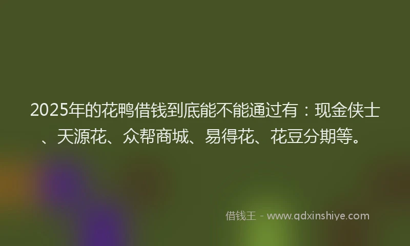 2025年的花鸭借钱到底能不能通过有：现金侠士、天源花、众帮商城、易得花、花豆分期等。