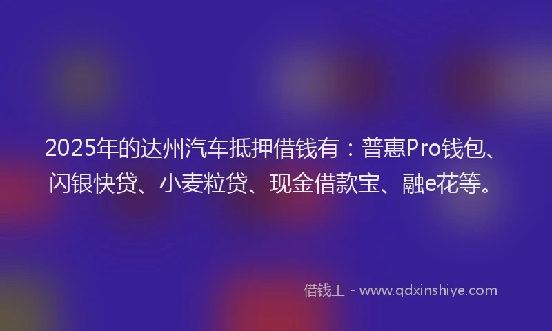 2025年的达州汽车抵押借钱有：普惠Pro钱包、闪银快贷、小麦粒贷、现金借款宝、融e花等。