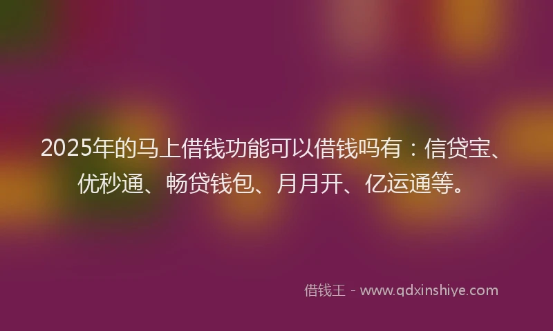 2025年的马上借钱功能可以借钱吗有：信贷宝、优秒通、畅贷钱包、月月开、亿运通等。