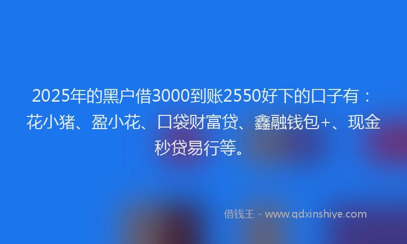 2025年的黑户借3000到账2550好下的口子有:花小猪、盈小花、口袋财富贷、鑫融钱包+、现金秒贷易行等。