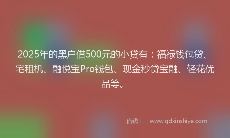 2025年的黑户借500元的小贷有：福禄钱包贷、宅租机、融悦宝Pro钱包、现金秒贷宝融、轻花优品等。
