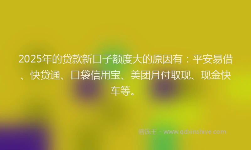 2025年的贷款新口子额度大的原因有：平安易借、快贷通、口袋信用宝、美团月付取现、现金快车等。