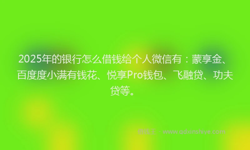 2025年的银行怎么借钱给个人微信有：蒙享金、百度度小满有钱花、悦享Pro钱包、飞融贷、功夫贷等。