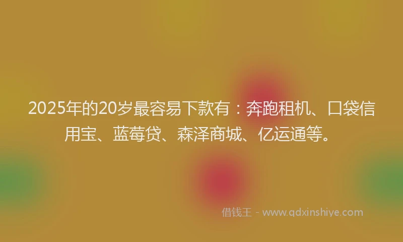 2025年的20岁最容易下款有：奔跑租机、口袋信用宝、蓝莓贷、森泽商城、亿运通等。