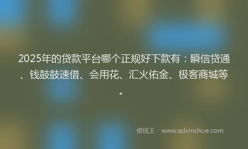 2025年的贷款平台哪个正规好下款有：瞬信贷通、钱鼓鼓速借、会用花、汇火佑金、极客商城等。