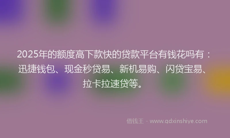 2025年的额度高下款快的贷款平台有钱花吗有：迅捷钱包、现金秒贷易、新机易购、闪贷宝易、拉卡拉速贷等。