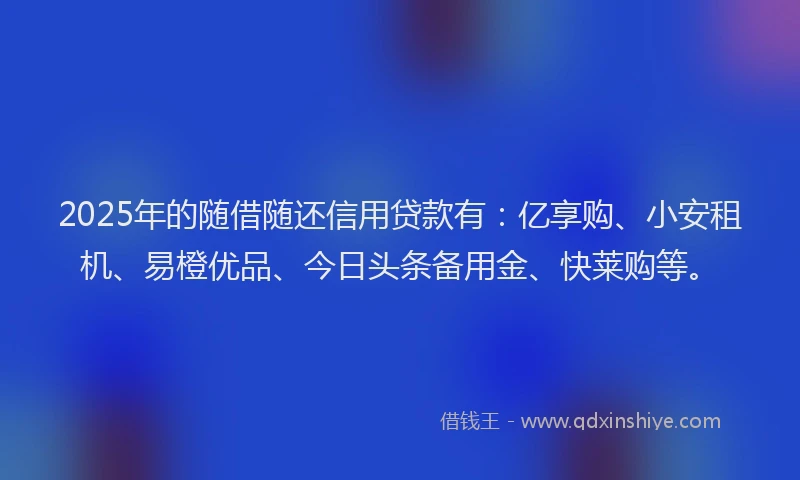 2025年的随借随还信用贷款有：亿享购、小安租机、易橙优品、今日头条备用金、快莱购等。