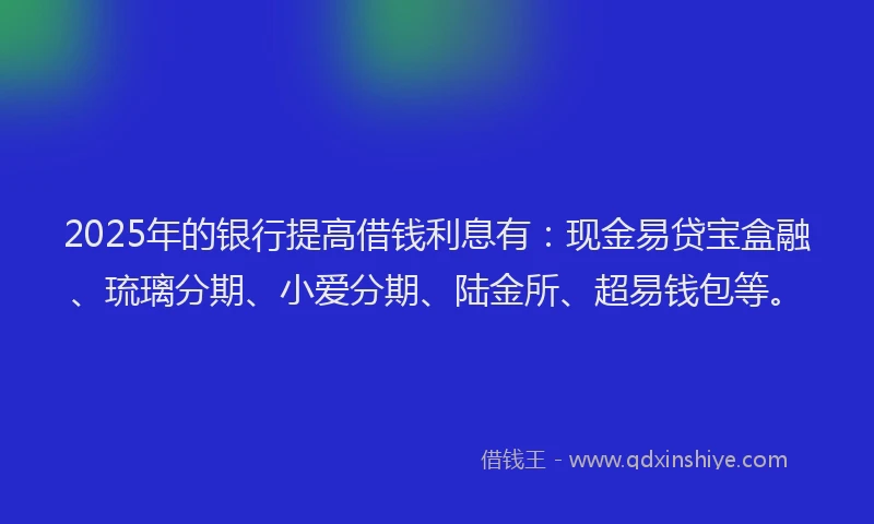 2025年的银行提高借钱利息有：现金易贷宝盒融、琉璃分期、小爱分期、陆金所、超易钱包等。