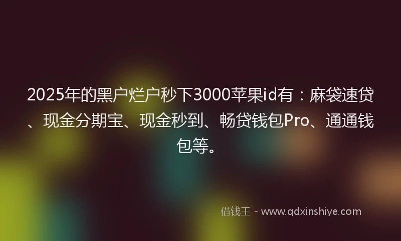 2025年的黑户烂户秒下3000苹果id有：麻袋速贷、现金分期宝、现金秒到、畅贷钱包Pro、通通钱包等。