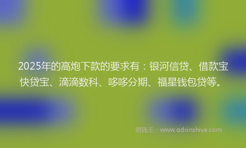 2025年的高炮下款的要求有：银河信贷、借款宝快贷宝、滴滴数科、哆哆分期、福星钱包贷等。