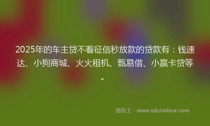 2025年的车主贷不看征信秒放款的贷款有：钱速达、小狗商城、火火租机、甄易借、小赢卡贷等。