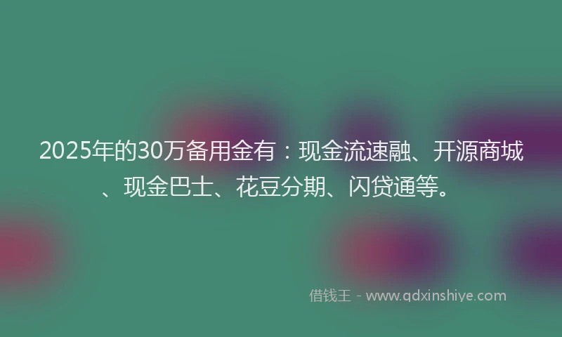 2025年的30万备用金有：现金流速融、开源商城、现金巴士、花豆分期、闪贷通等。