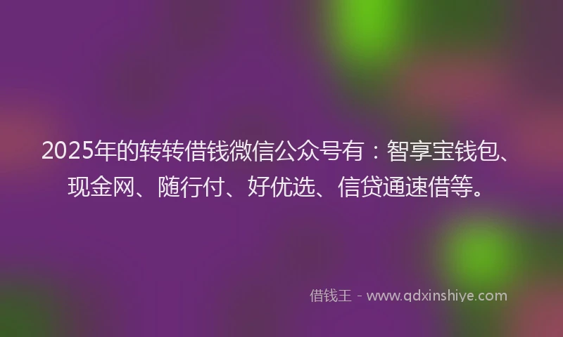 2025年的转转借钱微信公众号有：智享宝钱包、现金网、随行付、好优选、信贷通速借等。