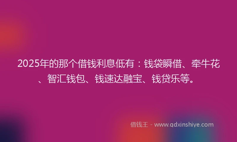 2025年的那个借钱利息低有：钱袋瞬借、牵牛花、智汇钱包、钱速达融宝、钱贷乐等。