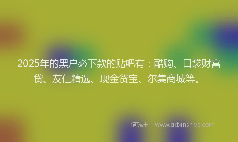 2025年的黑户必下款的贴吧有：酷购、口袋财富贷、友佳精选、现金贷宝、尔集商城等。